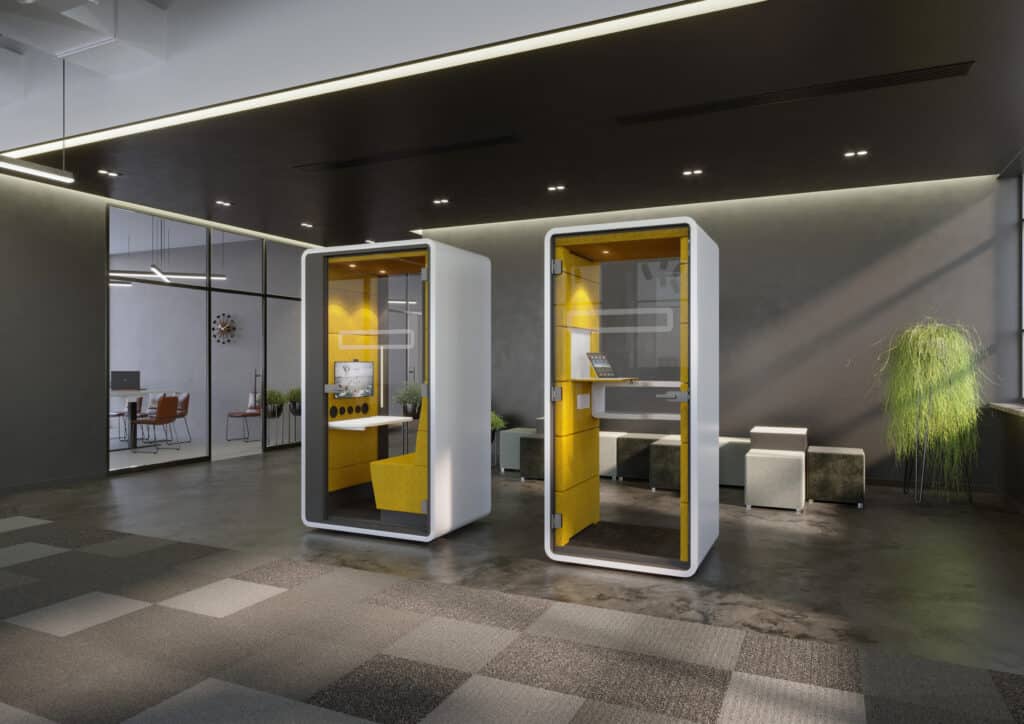 Moderne schallisolierte Telefonkabinen im Büro.