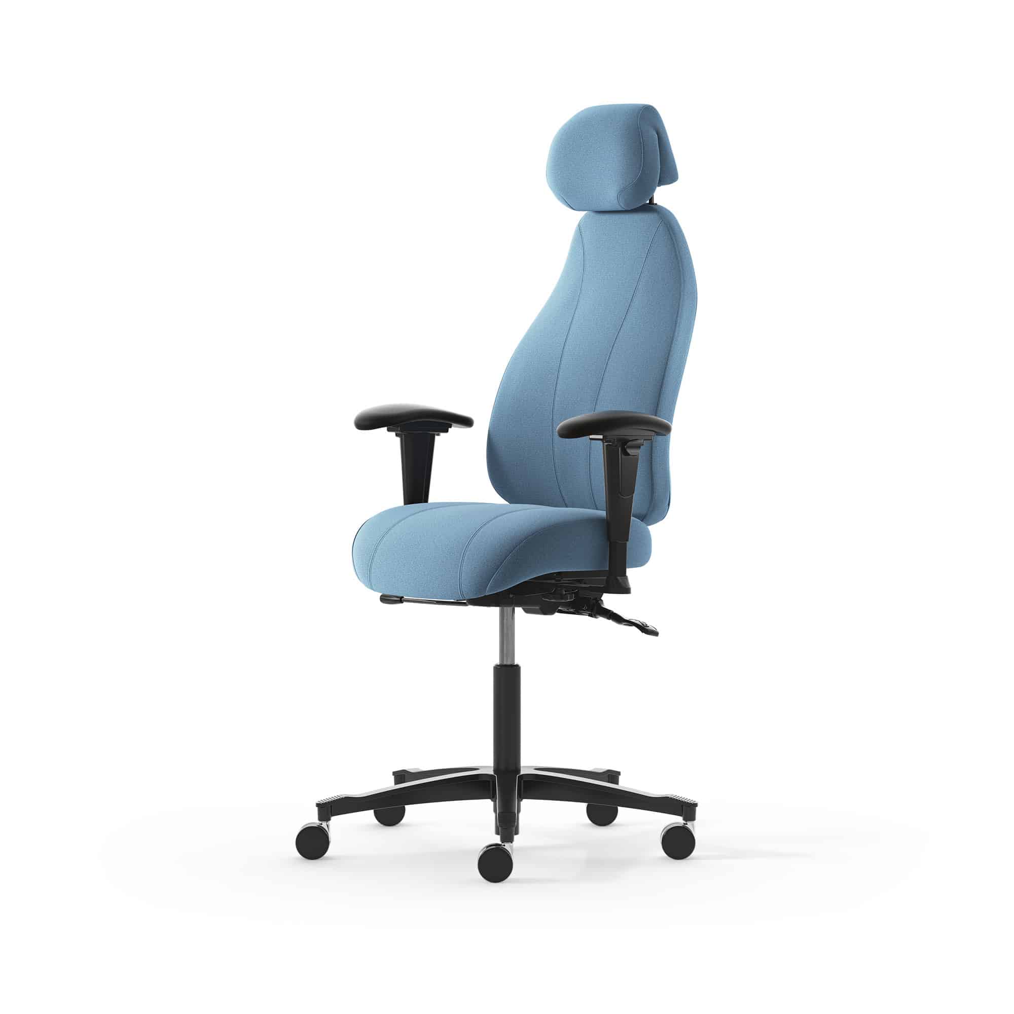 Ergonomischer Bürostuhl mit blauer Polsterung.