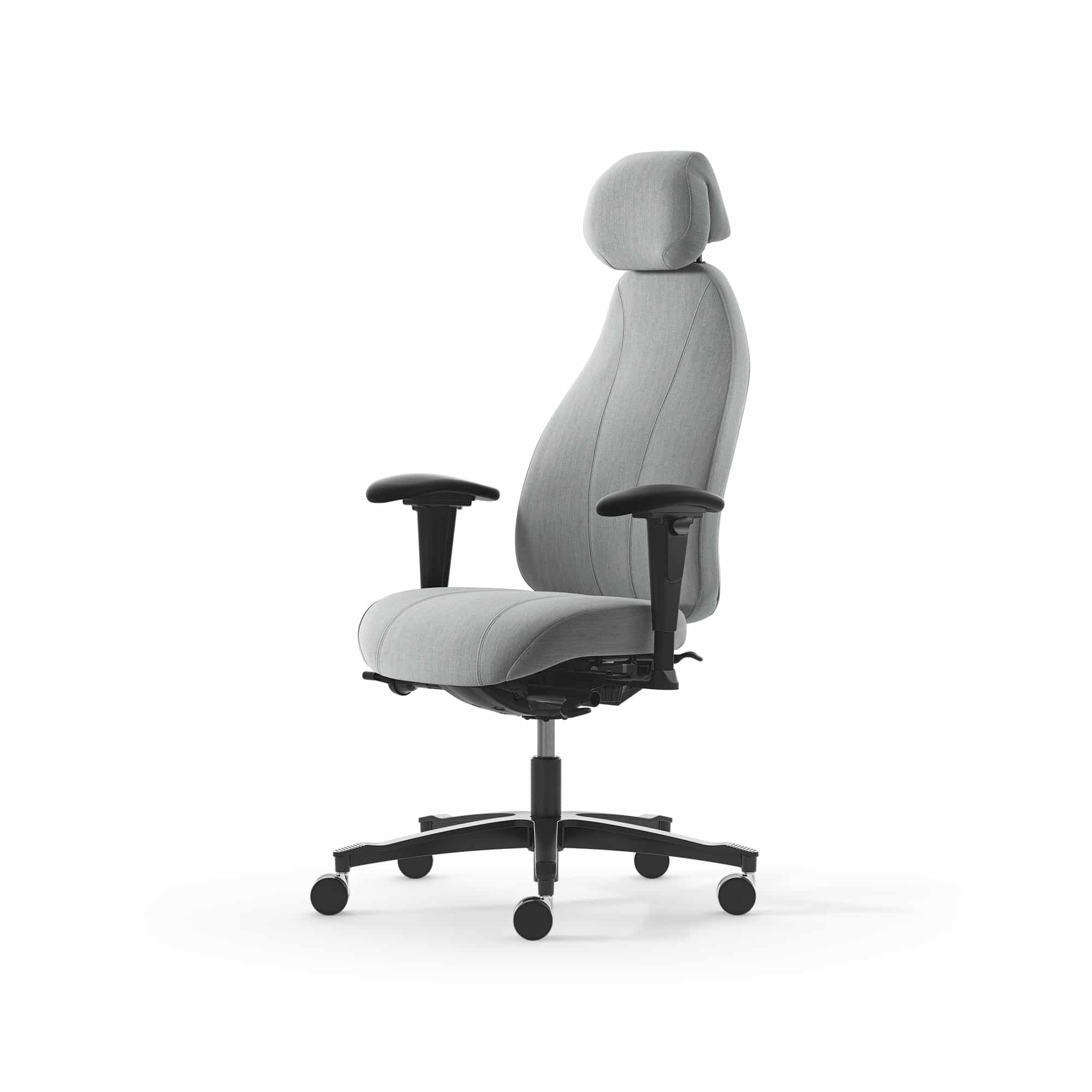Grauer Bürostuhl mit Kopfstütze und Armlehnen.