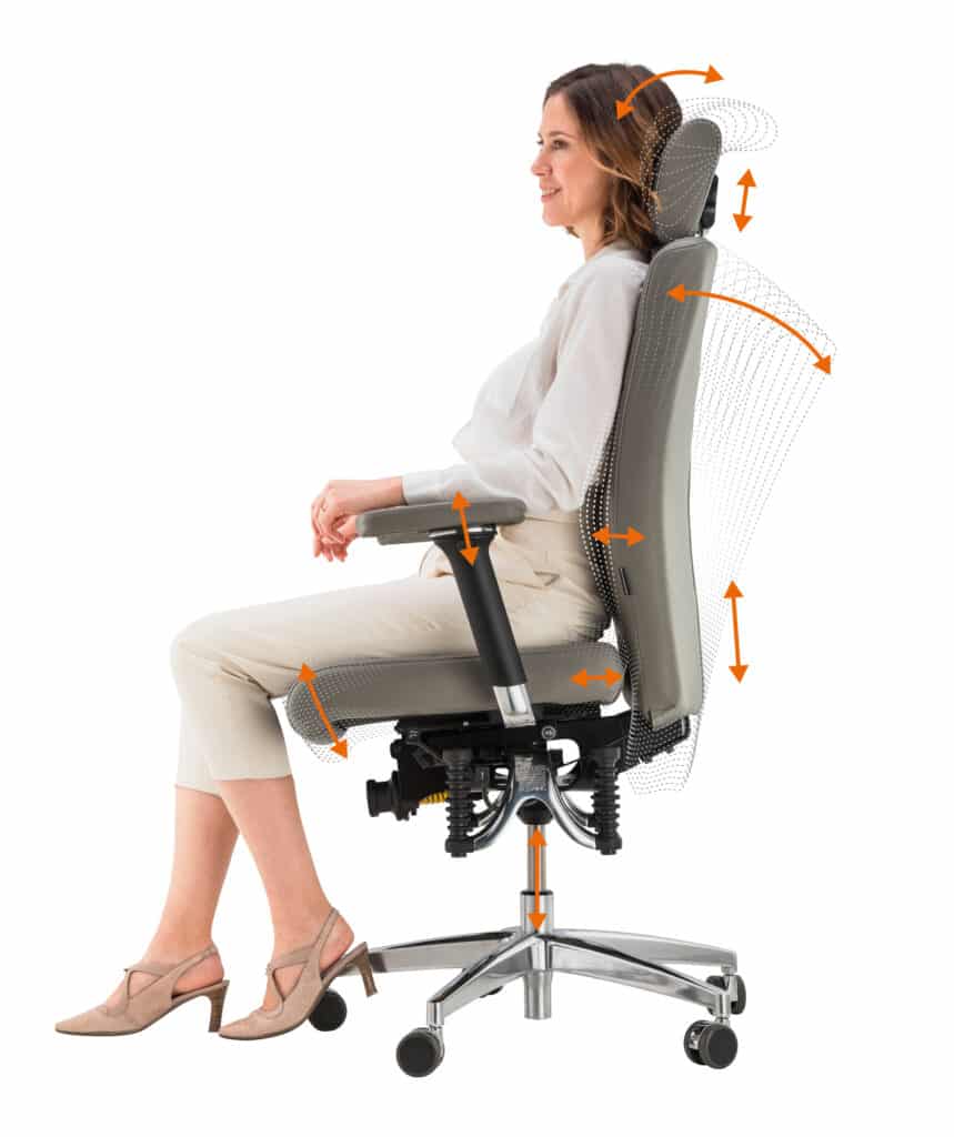 Ergonomischer Bürostuhl mit einstellbaren Funktionen im Profilansicht.
