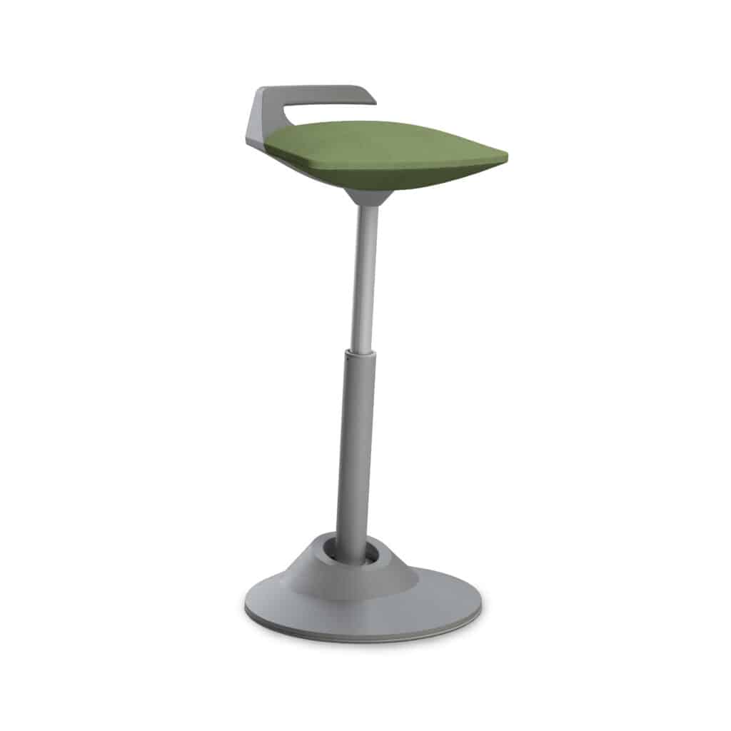 Moderner, höhenverstellbarer Barhocker mit grünem Sitz.